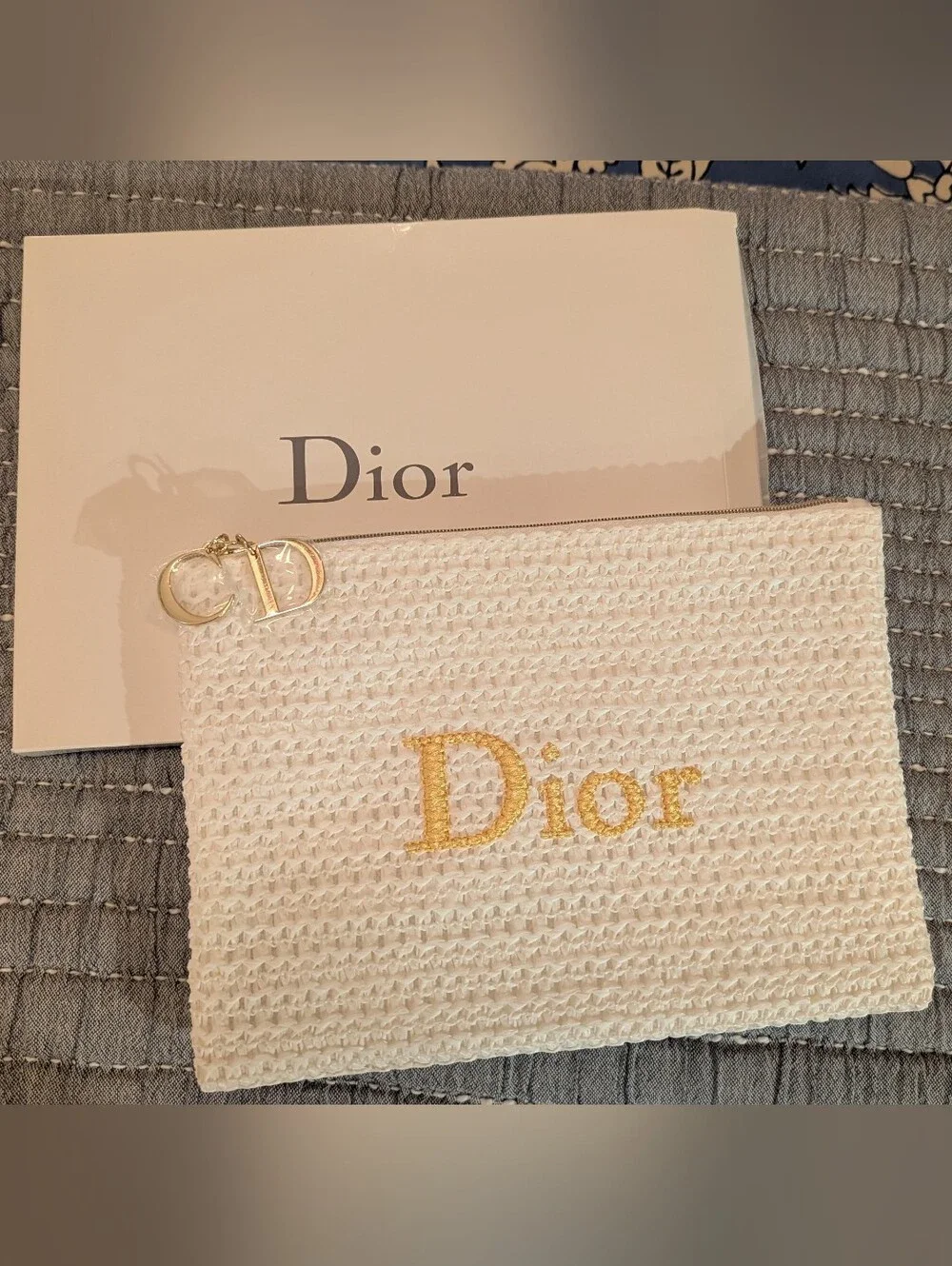 Dior White Raffia Makeup Bag Pouch Clutch - New with Box